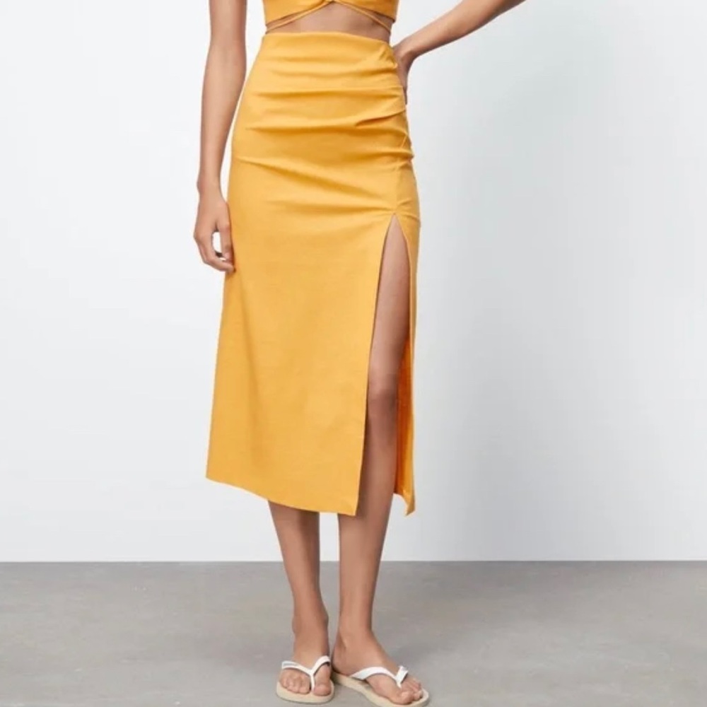 NWT Zara Yellow Linen Blend Midi Skirt Ruching